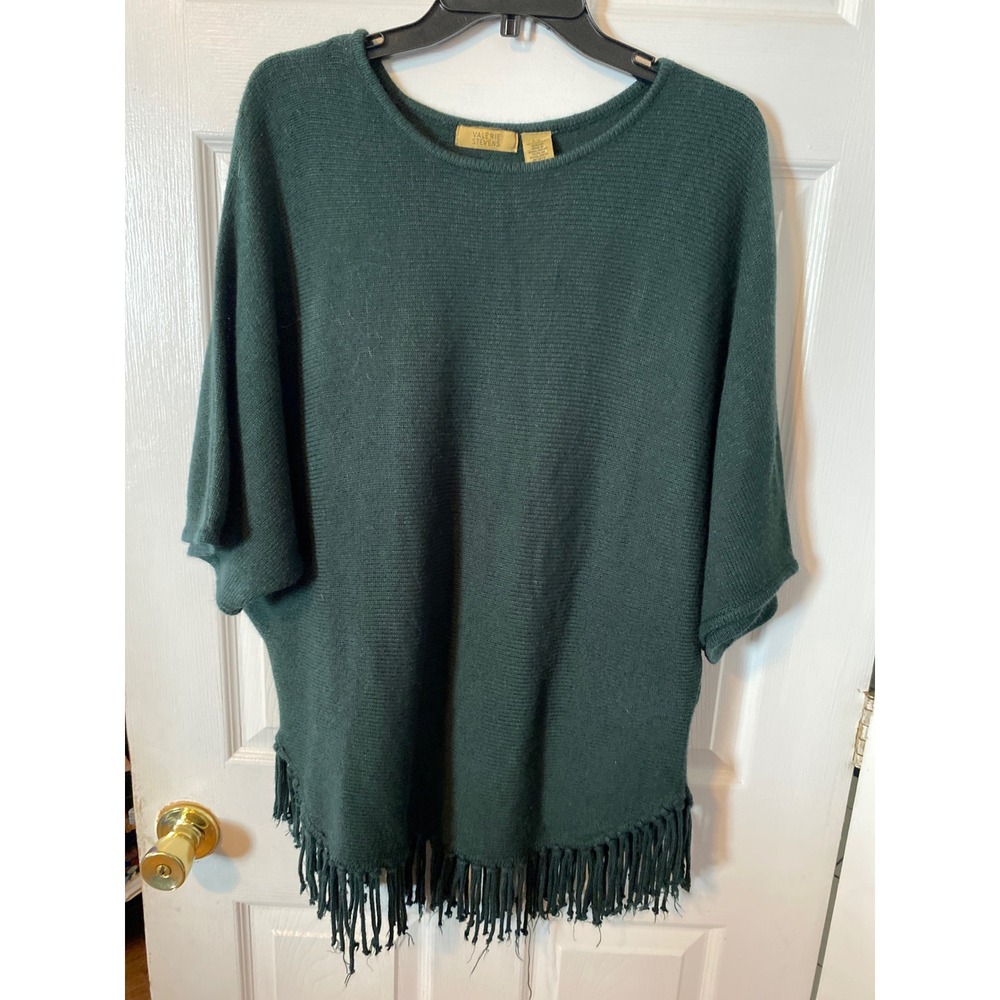 Valerie Stevens Forest Green Ribbed Knit Fringe Hem Poncho Sweater Womens Large